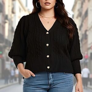 Design 365 Women’s Black Balloon Sleeve Cable Knit Cardigan Sz 1x